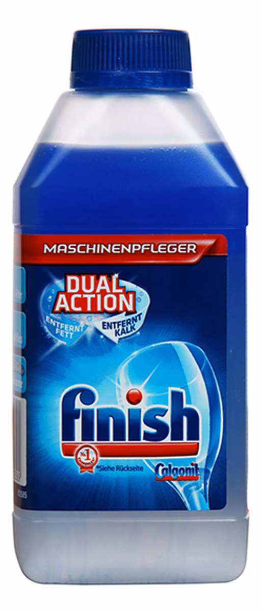 Płyn do czyszczenia zmywarek Finish Calgonit Lemon 250 ml, butelka z dwufazowym płynem i niebieską nakrętką