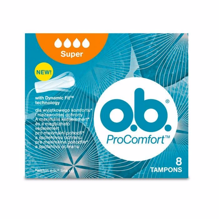Tampony Higieniczne o.b. ProComfort Super Dynamic Fit 8 szt., opakowanie z grafiką technologii 3D expansion