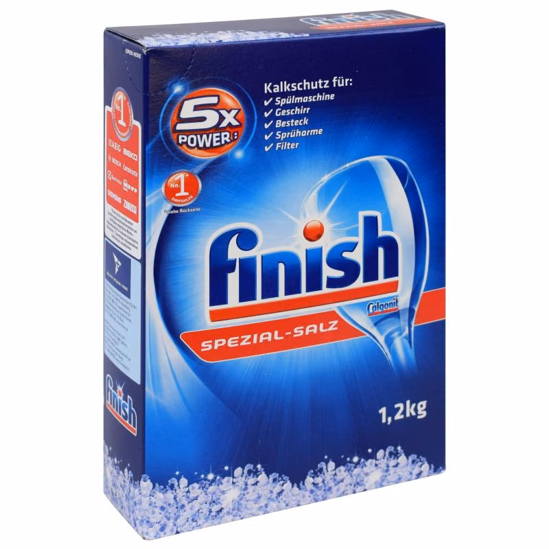 Sól do Zmywarki Ochronna Finish Spezial-Salz 1.2 kg, niebieskie opakowanie kartonowe z widocznymi kryształkami soli