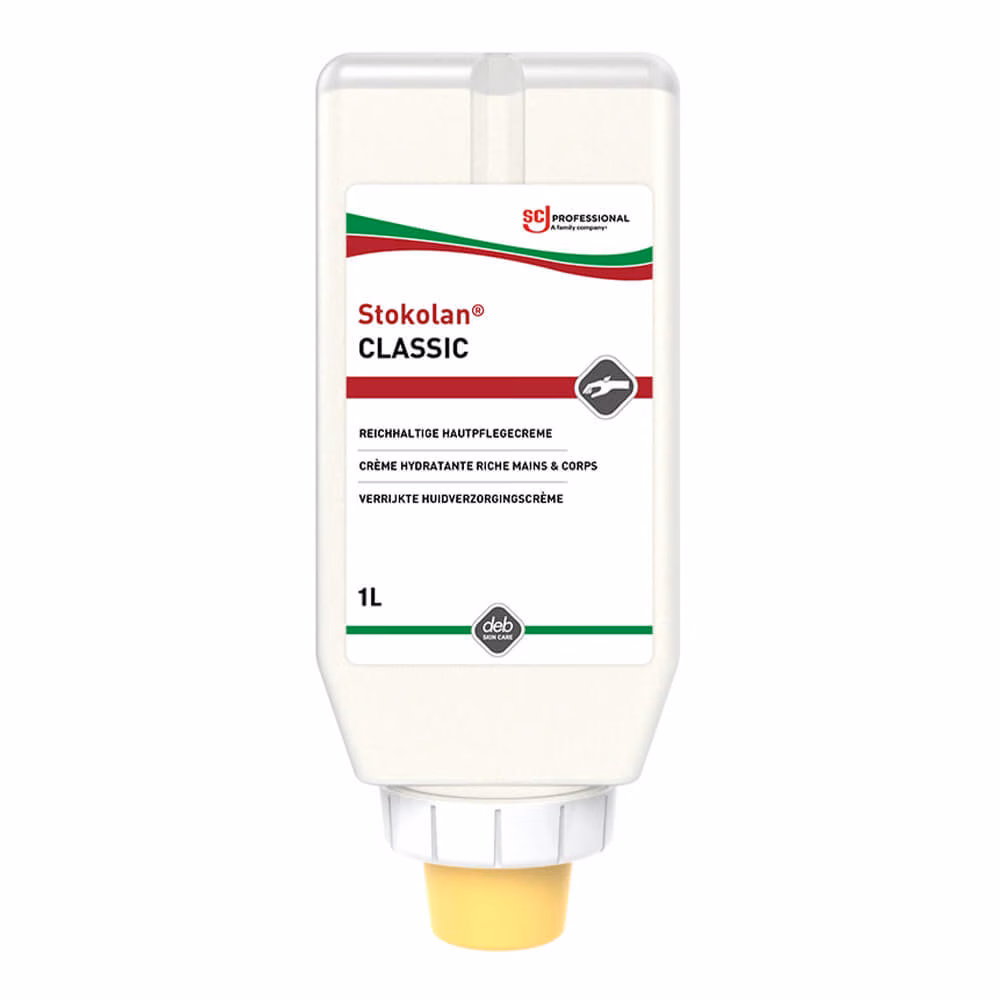 Krem Stokolan Classic 22326, wkład 1L do dozownika SC Johnson Professional z widoczną etykietą i żółtym korkiem
