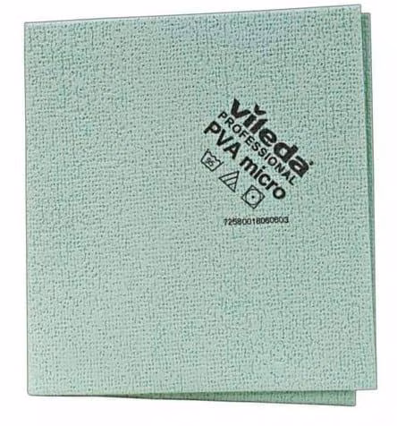 Ścierka z Mikrofibry Vileda Professional PVA Micro Zielona, zbliżenie na strukturę materiału i logo marki