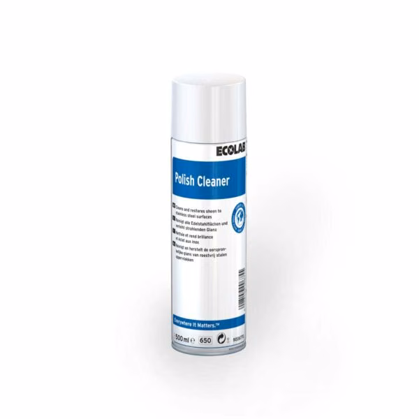 Polish Cleaner 500ml Ecolab 9006770, białe opakowanie sprayu z niebieską etykietą na białym tle