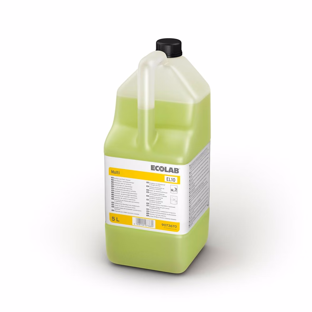 Multi EL 10 5L Ecolab 9073670, plastikowy kanister 5 litrów z zielonym płynem czyszczącym na białym tle