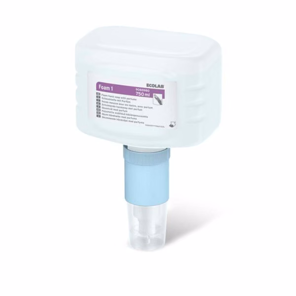 Mydło w piance Ecolab Nexa Foam 1 750ml 9085980, biały wkład z niebieską pompką dozującą na białym tle