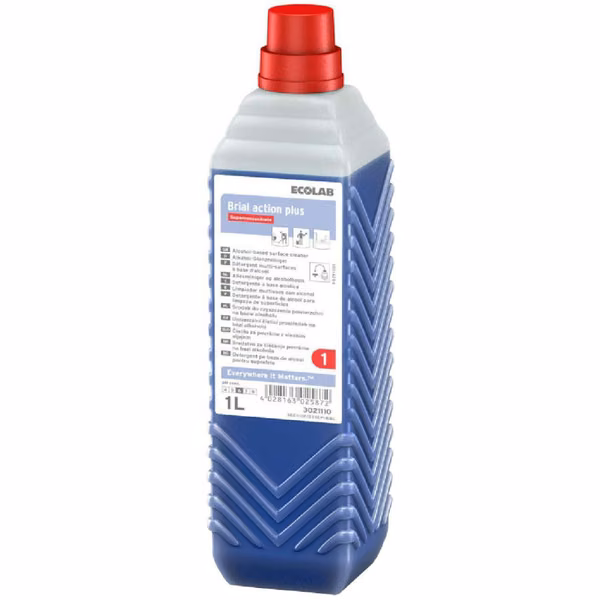 Ecolab Brial Action Plus 3021110, litrowa butelka koncentratu z niebieskim płynem i czerwoną nakrętką
