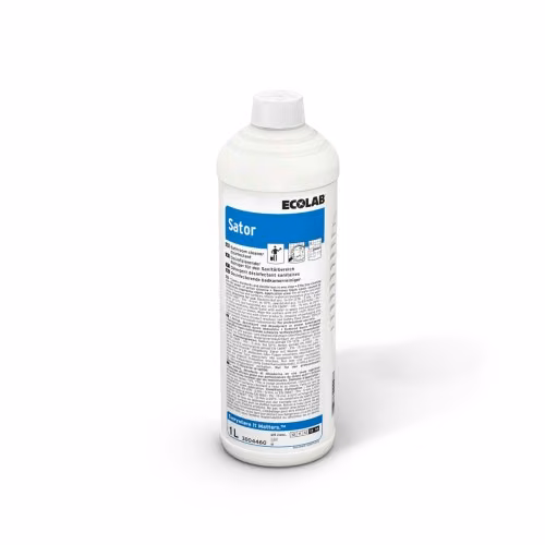 Środek Myjąco-Dezynfekujący Ecolab Sator 3052900, biała butelka 1 L z niebieską etykietą na białym tle