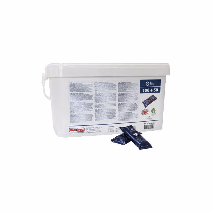 Tabletki Pielęgnacyjne Rational Care Tab 56.00.562, białe wiaderko 150 sztuk z dwiema saszetkami na pierwszym planie
