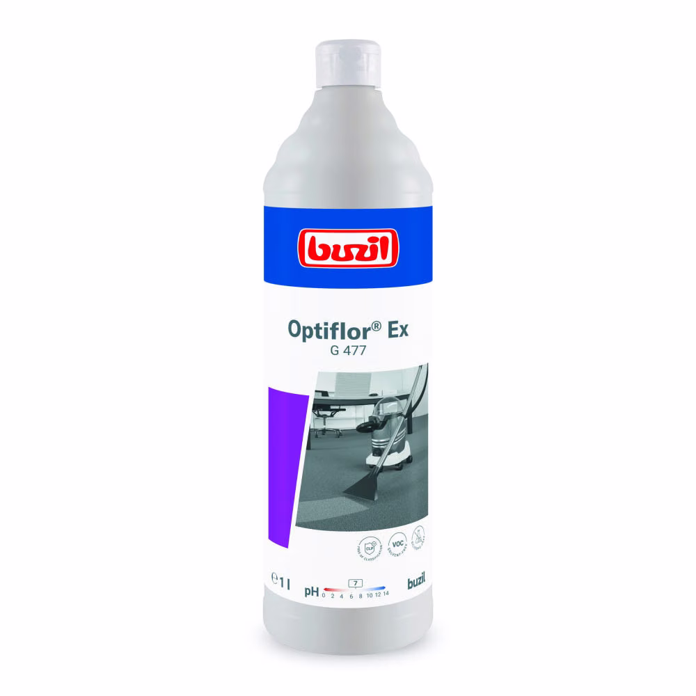 Płyn do prania ekstrakcyjnego Buzil Optiflor Ex G 477, biała butelka 1L z grafiką odkurzacza piorącego