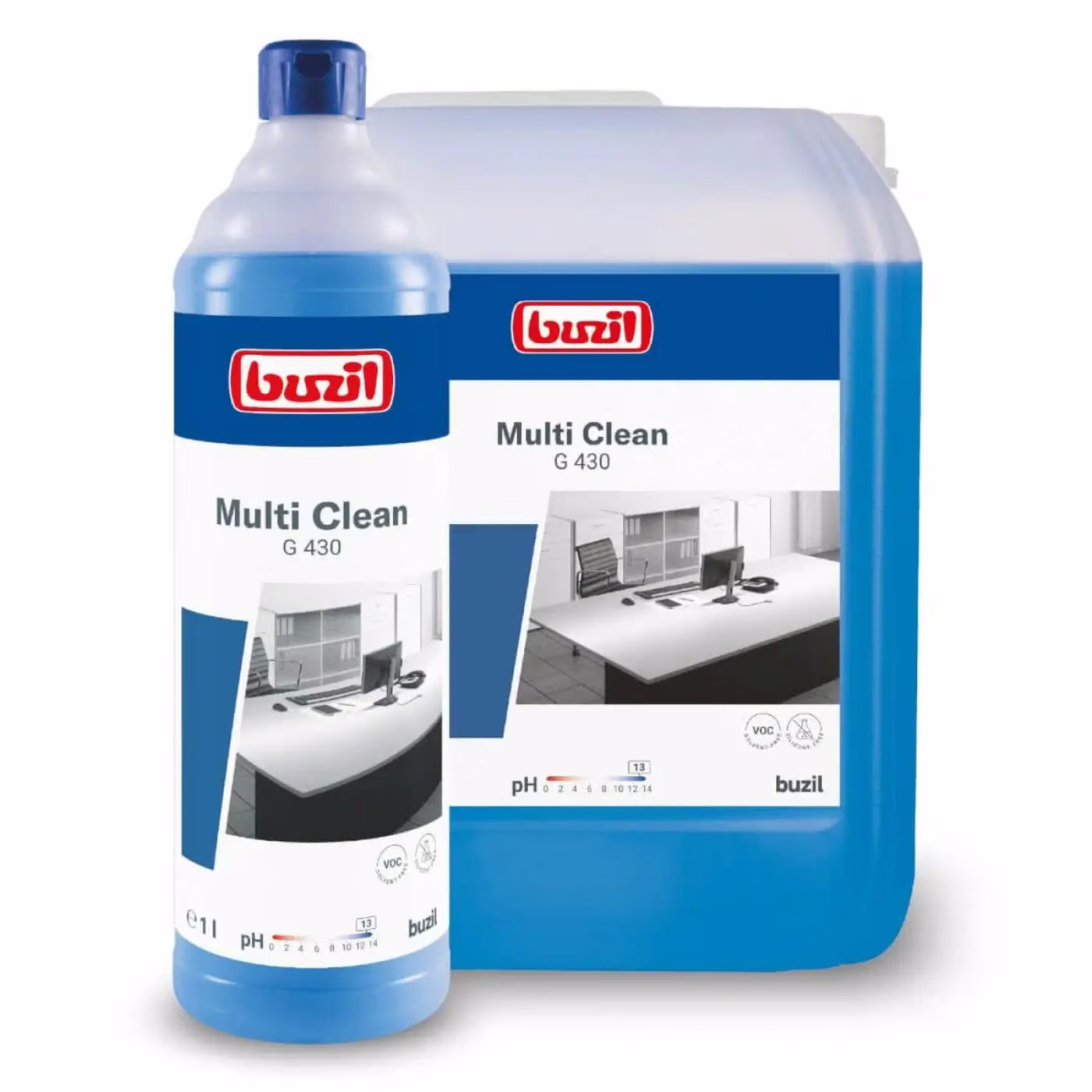 Buzil Multi-Clean G430 Koncentrat 1L, butelka litrowa na tle dużego kanistra z niebieskim płynem
