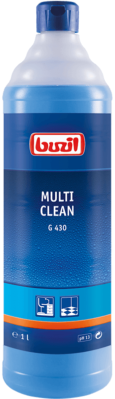Buzil Multi-Clean G430 Koncentrat 1L, zbliżenie na butelkę z etykietą i oznaczeniem pH 13 na czarnym tle