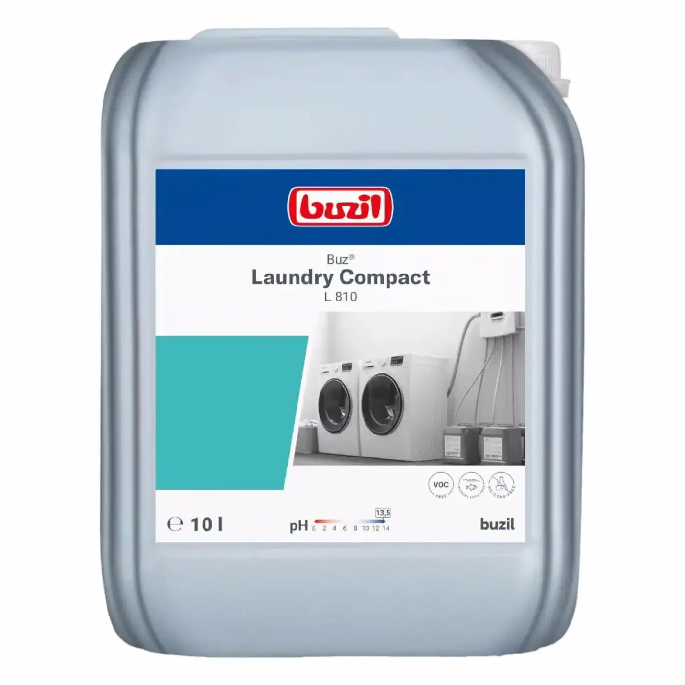 Płynny Superkoncentrat Buzil Buz Laundry Compact L 810, szary kanister 10 litrów z etykietą i grafiką pralni
