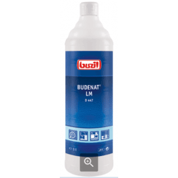 BUDENAT LM D447 10l, biała butelka 1l z niebieską etykietą i ikonami zastosowania