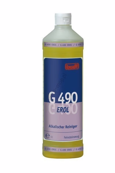 EROL G 490 1L, litrowa butelka z żółtym płynem czyszczącym Buzil na białym tle
