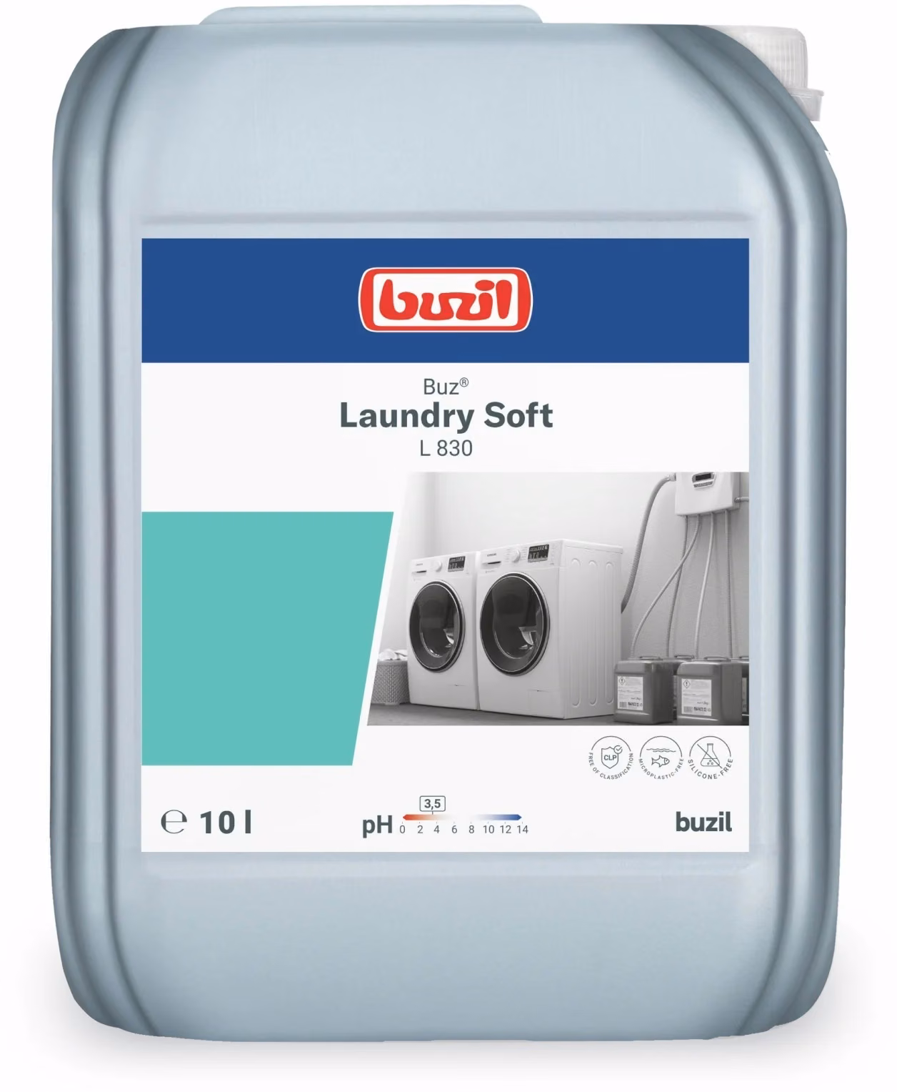 Buz Laundry Soft 3 L830 10L, zbliżenie na etykietę z grafiką pralni przemysłowej i parametrem pH