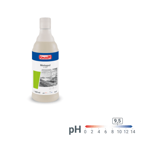 METAPOL G 505 politura do metalu 600ml, butelka z etykietą Buzil i wskaźnikiem pH 9,5