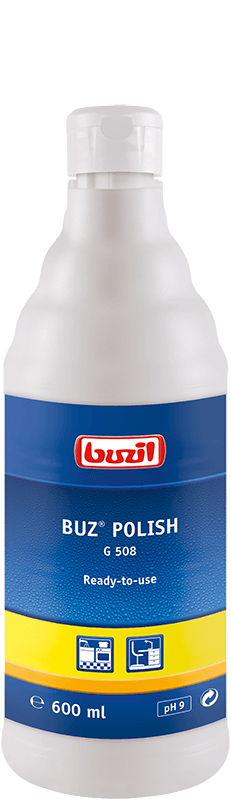 G 508 Buz Polish 600 ml, zbliżenie na etykietę produktu z oznaczeniem pH 9 i ikonami zastosowania
