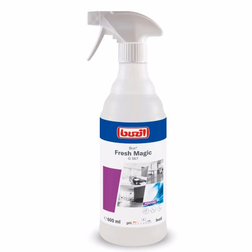 Buzil Buz Fresh Magic G567, biała butelka 600 ml z atomizerem i fioletową etykietą