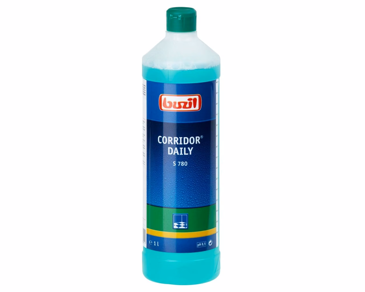 CORRIDOR DAILY S780-śr.myjaco-pielęg.1L, widok na niebieską etykietę produktu z logo Buzil i oznaczeniem pH