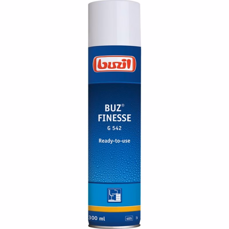 Buzil Buz Finesse G542 Antystatyczny Spray 300 ml, niebieska puszka preparatu do mebli na białym tle