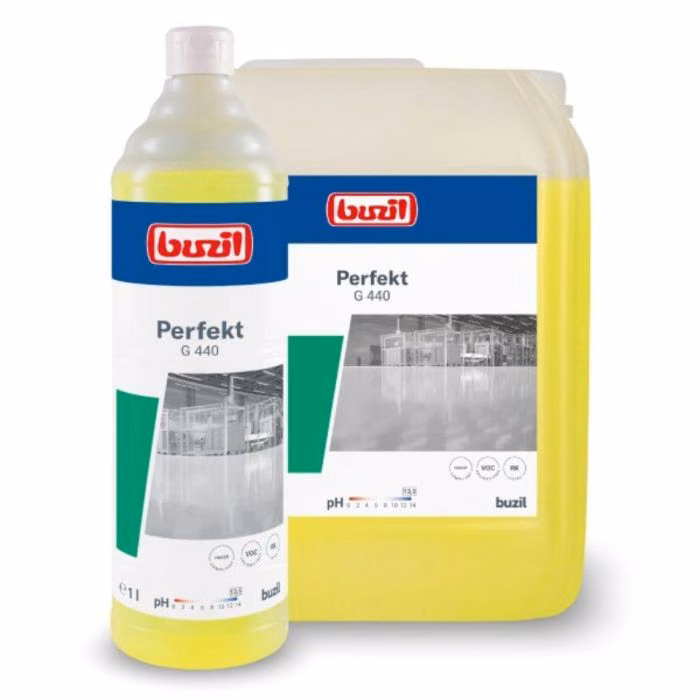 PERFEKT 1l G 440 silny środek czyszczący, zestawienie butelki 1 litr oraz kanistra 10 litrów z żółtym płynem