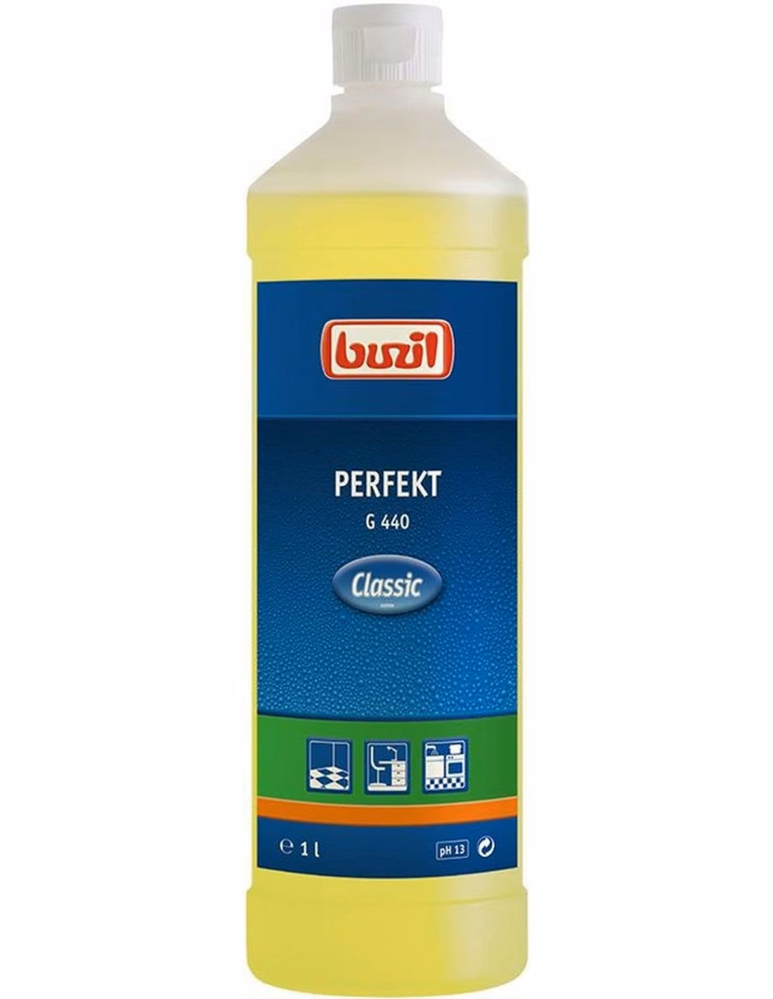 PERFEKT 1l G 440 silny środek czyszczący, butelka 1l z etykietą Classic i ikonami zastosowania w kuchni i warsztacie