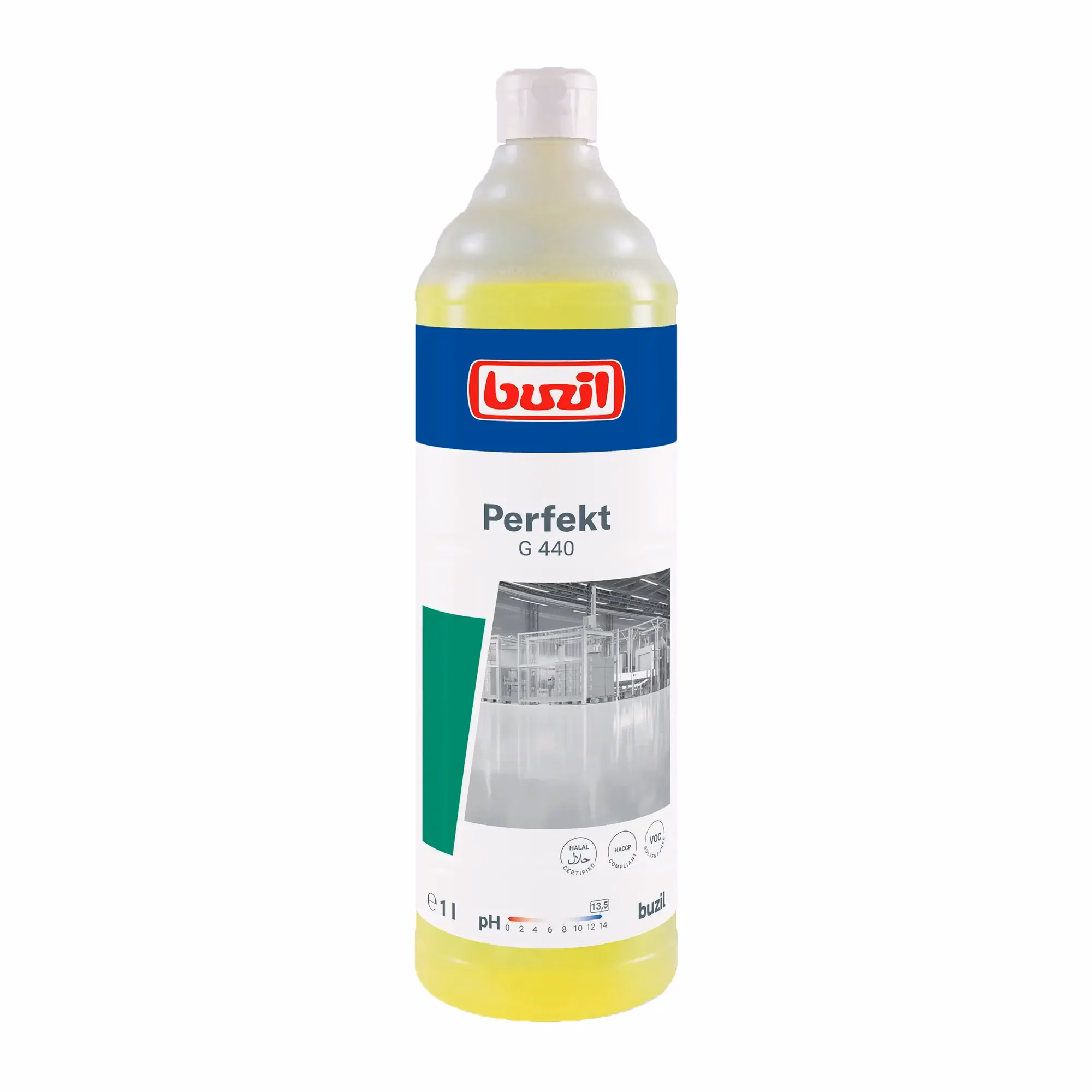 PERFEKT 1l G 440 silny środek czyszczący, widok z przodu na butelkę 1l ze wskaźnikiem pH 13,5 na białym tle