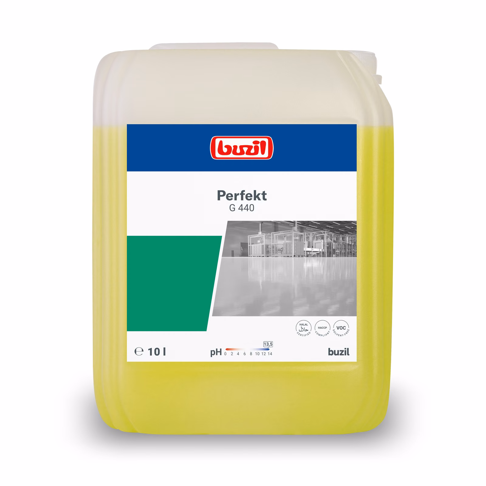 PERFEKT 10l G 440 silny sr.czyszczący, kanister z żółtym płynem i etykietą z certyfikatami Halal oraz HACCP