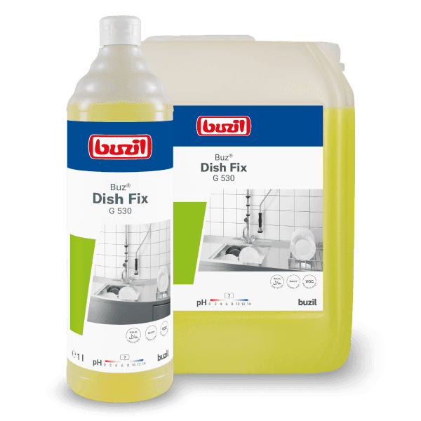Płyn do Ręcznego Mycia Naczyń Buzil Buz Dish Fix G530, butelka 1L oraz kanister 10L z żółtym koncentratem