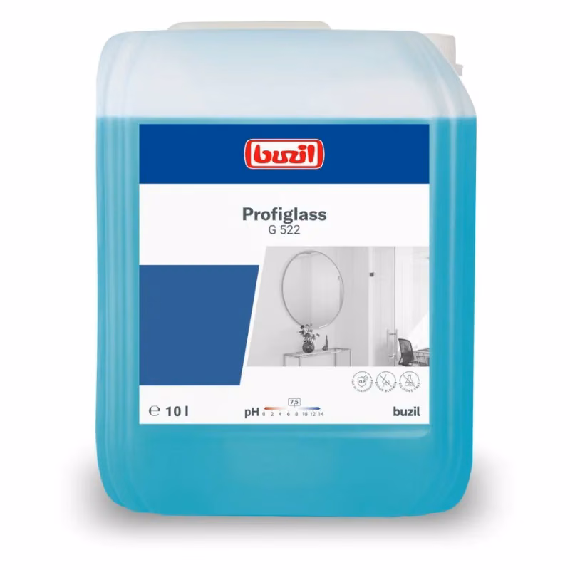 Płyn do Mycia Szyb i Luster Buzil Profiglass G522 10L, niebieski płyn w dużym kanistrze z białą etykietą