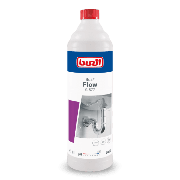 BUZ FLOW G 577-płyn do udraż.rur.1L, biała butelka z czerwoną nakrętką i grafiką syfonu na czarnym tle
