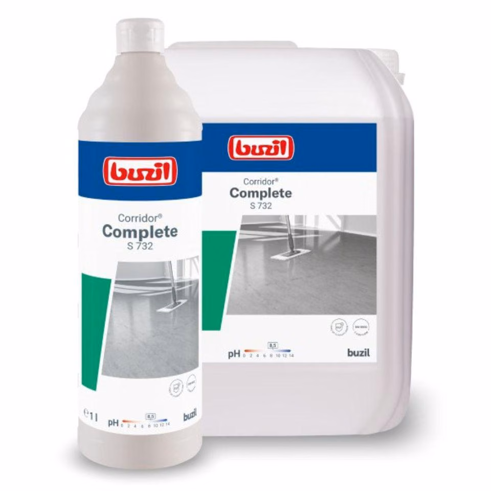 Emulsja Buzil Corridor Complete S 732 5 L, butelka 1 litr oraz kanister 5 litrów na białym tle