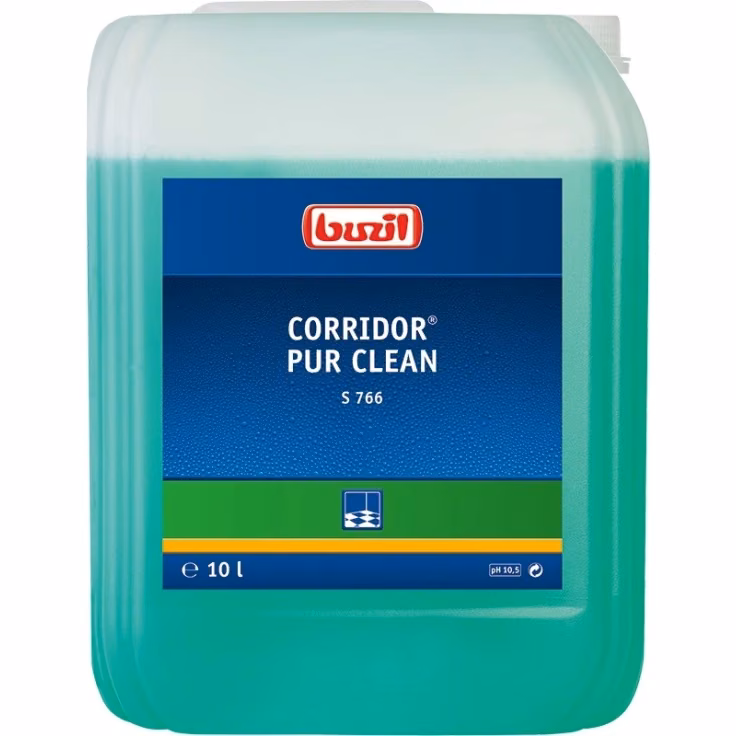 Corridor PUR CLEAN S766 10L, zbliżenie na frontową etykietę 10-litrowego opakowania z logo Buzil