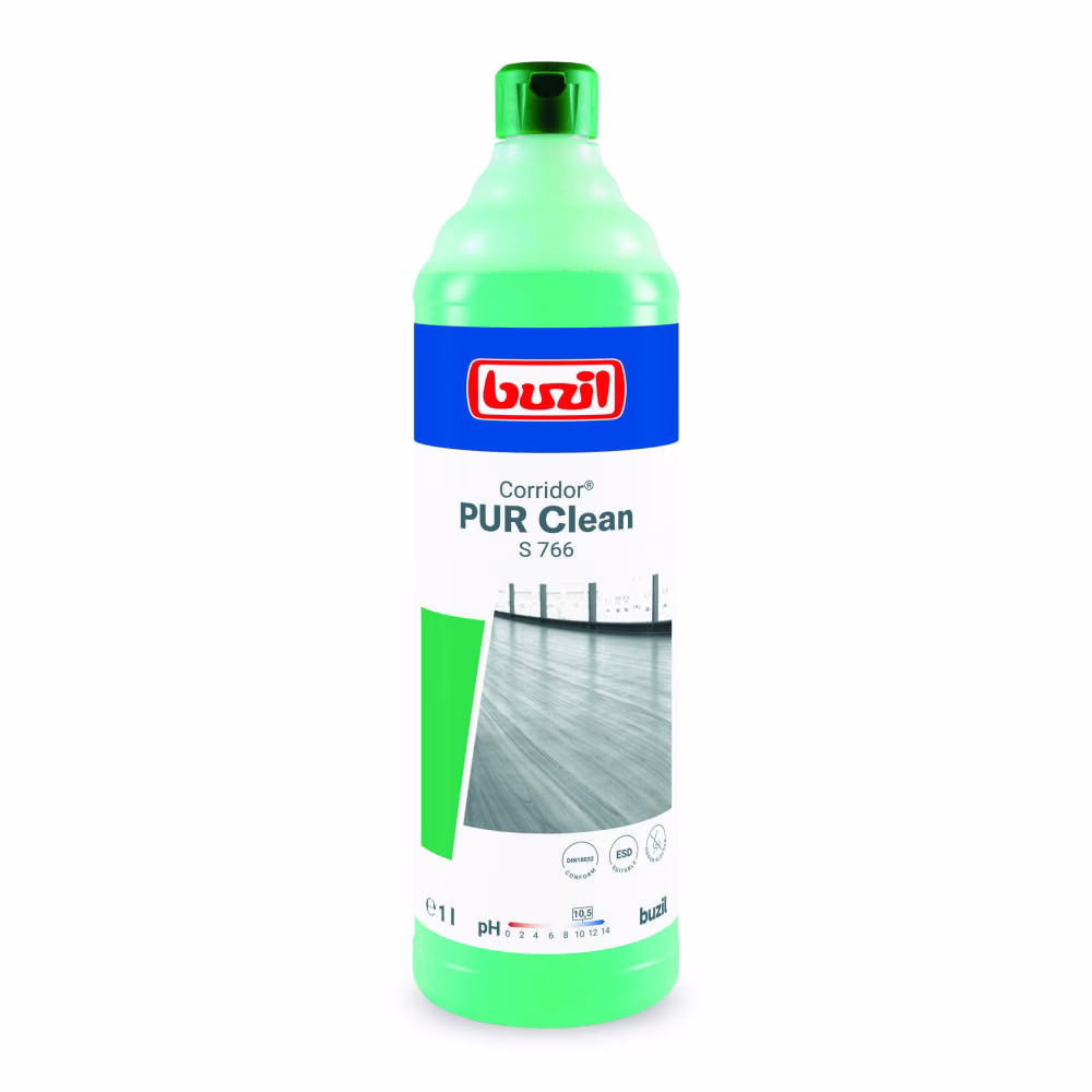 Corridor PUR CLEAN S766 10L, butelka o pojemności 1 litra z zielonym koncentratem i korkiem typu push-pull