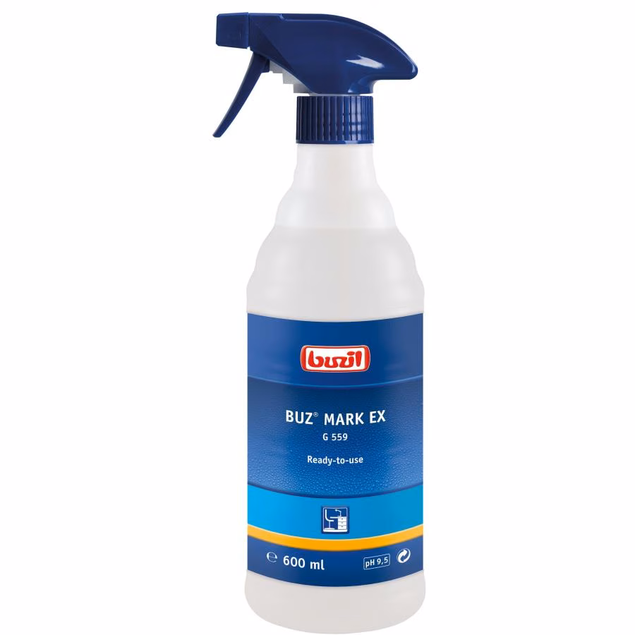 Płyn Buzil Buz Mark Ex G559 600 ml, opakowanie z niebieskim spryskiwaczem i oznaczeniem pH 9,5