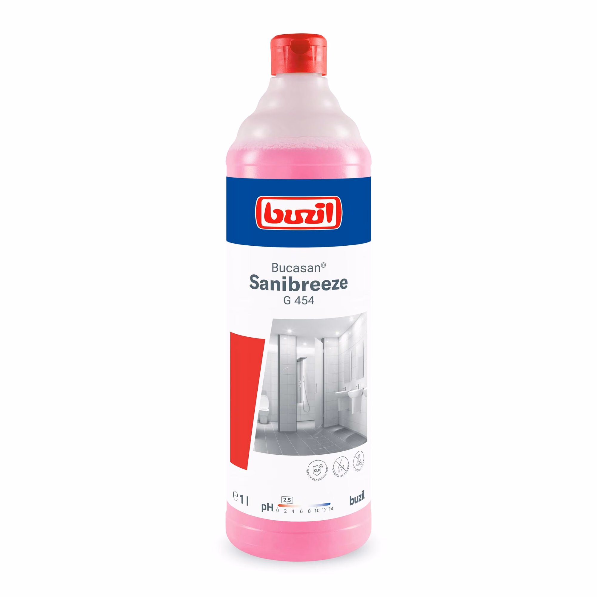 Buzil Bucasan Sanibreeze G454 10 L, butelka z różowym płynem i czerwoną nakrętką na białym tle