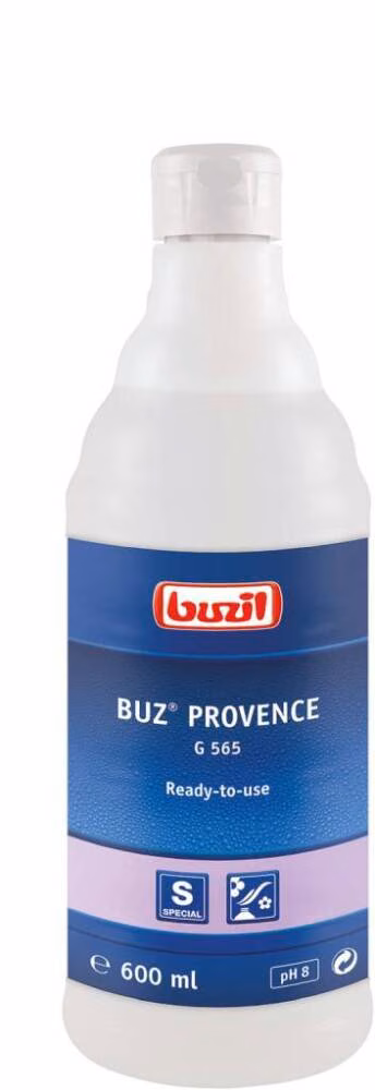 Olejek Zapachowy Buzil Buz Provence G 565 Lawendowy 600 ml, biała butelka z niebieską etykietą na białym tle