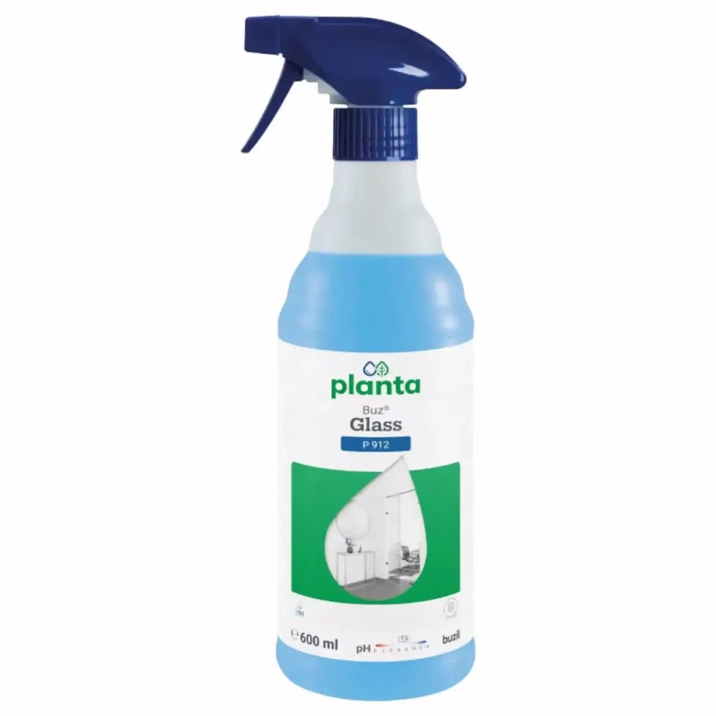 Płyn do Mycia Szyb i Luster Buzil Planta Buz Glass P912, butelka 600 ml z niebieskim atomizerem