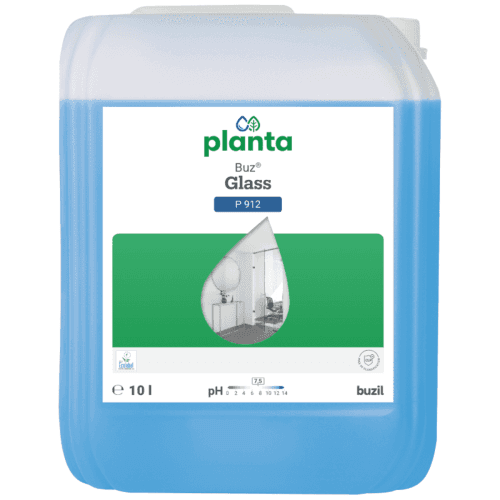 Płyn do mycia szyb Buzil Planta Buz Glass P912, niebieski płyn w kanistrze 10 L z białą etykietą i logo Ecolabel
