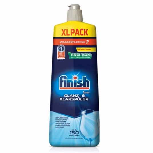 Calgonit nabłyszczacz 750ml, butelka Finish XL Pack z grafiką lśniącego kieliszka na białym tle