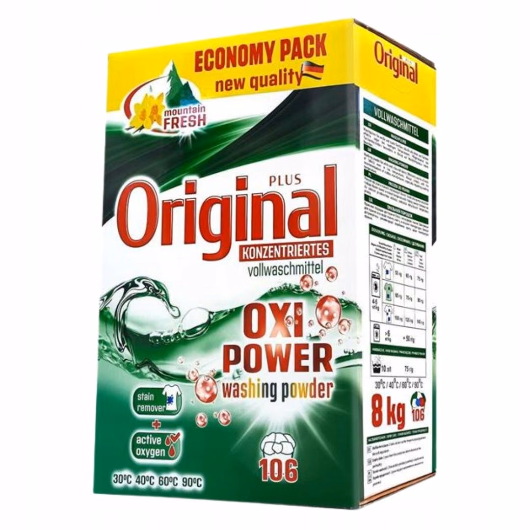 Proszek do Prania Uniwersalny Original Plus Oxi Power 8 kg, opakowanie kartonowe z widoczną tabelą dozowania i logo marki