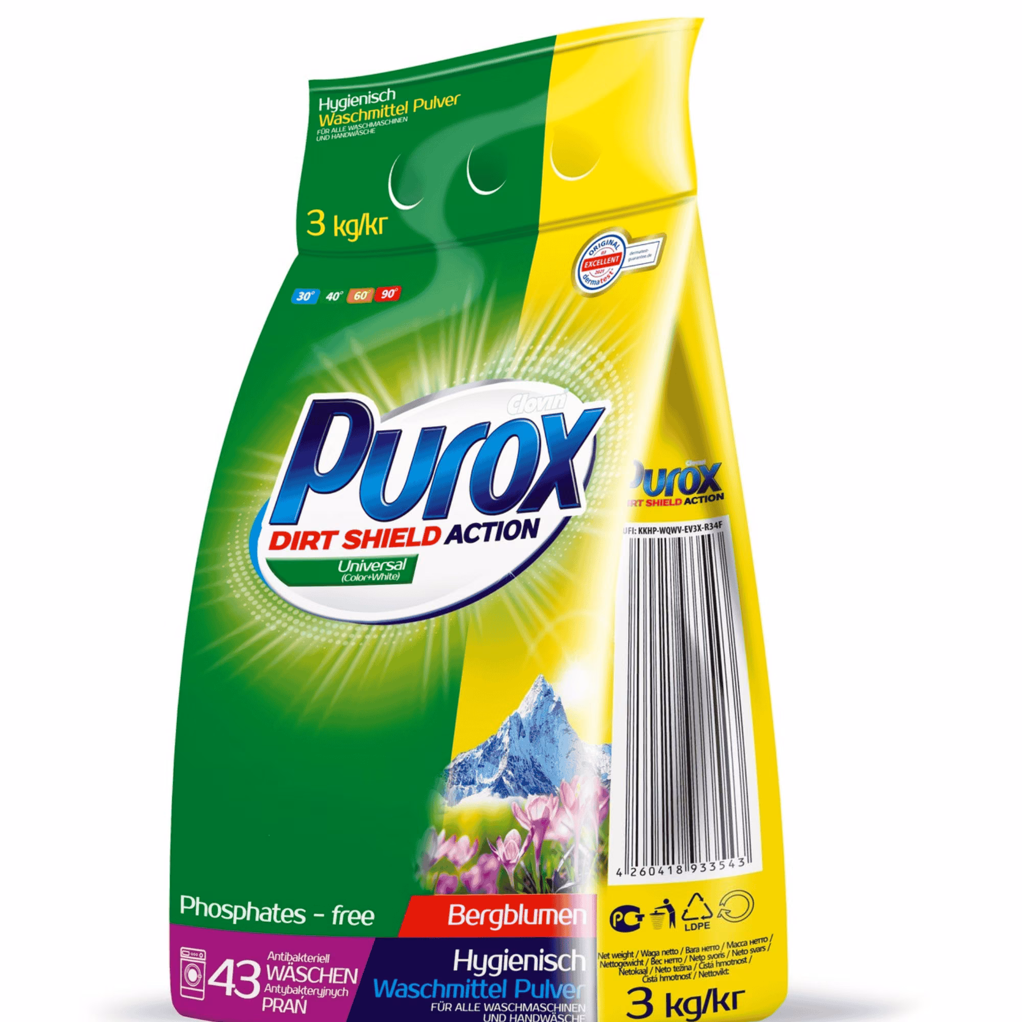 Proszek do prania Uniwersalny Purox Universal 3 kg 43 prania, zielono żółte opakowanie foliowe z grafiką gór
