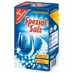 GG sól do zmywarki 2kg, widok pod kątem na pudełko gruboziarnistej soli Spezial Salz z logo Edeka