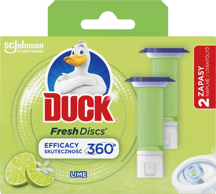 Krążek żelowy do WC Duck Fresh Discs Lime Zestaw Startowy, opakowanie z grafiką limonki i dwoma zapasami