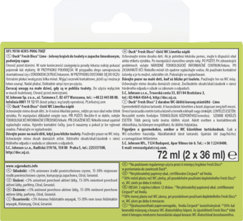 Krążek żelowy do WC Duck Fresh Discs Lime, tył opakowania z instrukcją bezpieczeństwa i składem produktu