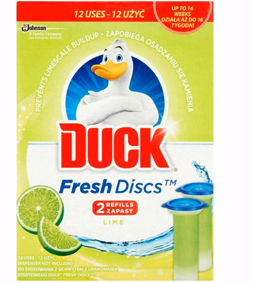 Krążek żelowy do WC Duck Fresh Discs Lime, zbliżenie na etykietę zapasów z informacją o 12 użyciach