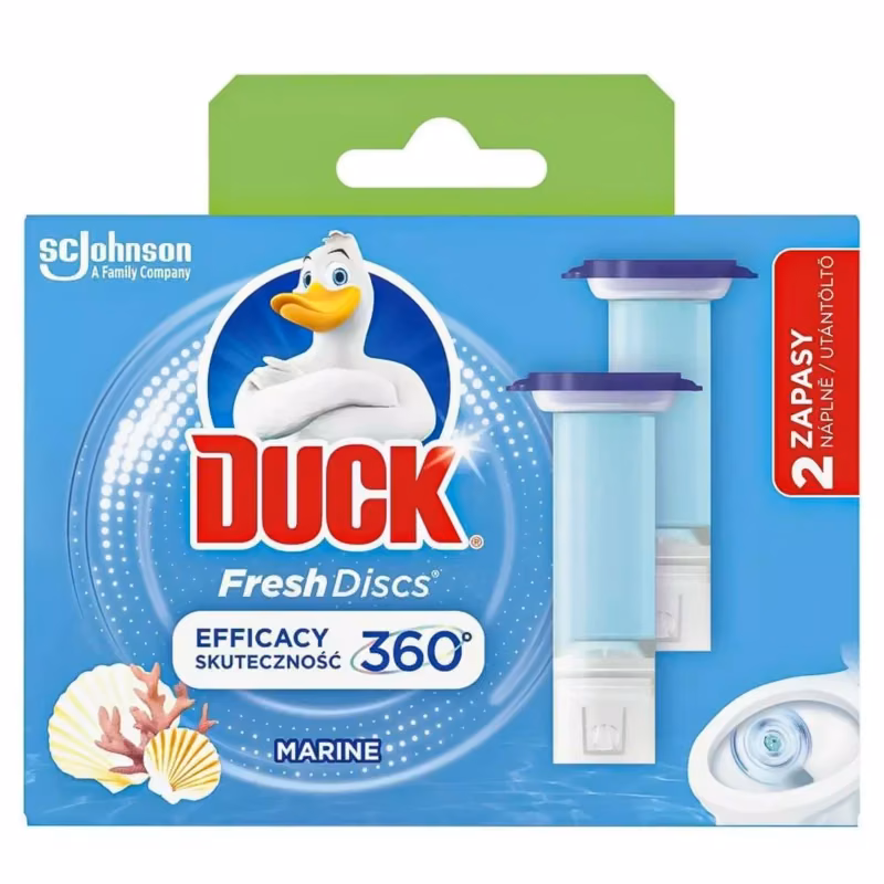 Krążek żelowy do WC Duck Fresh Discs Marine, wariant zapachowy morski w niebieskim opakowaniu z muszlami