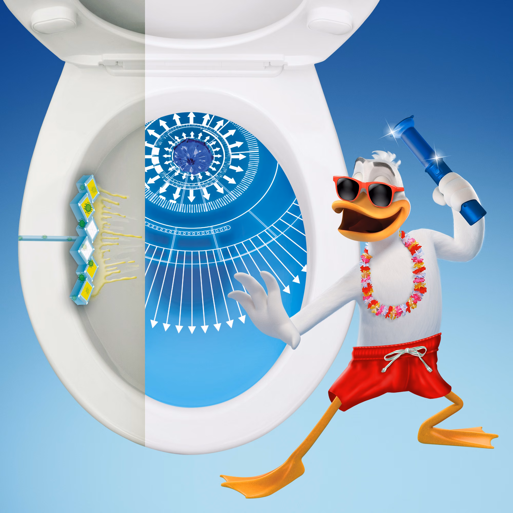 Krążek żelowy do WC Duck Fresh Discs, maskotka kaczki w okularach przeciwsłonecznych na tle czyszczonej muszli