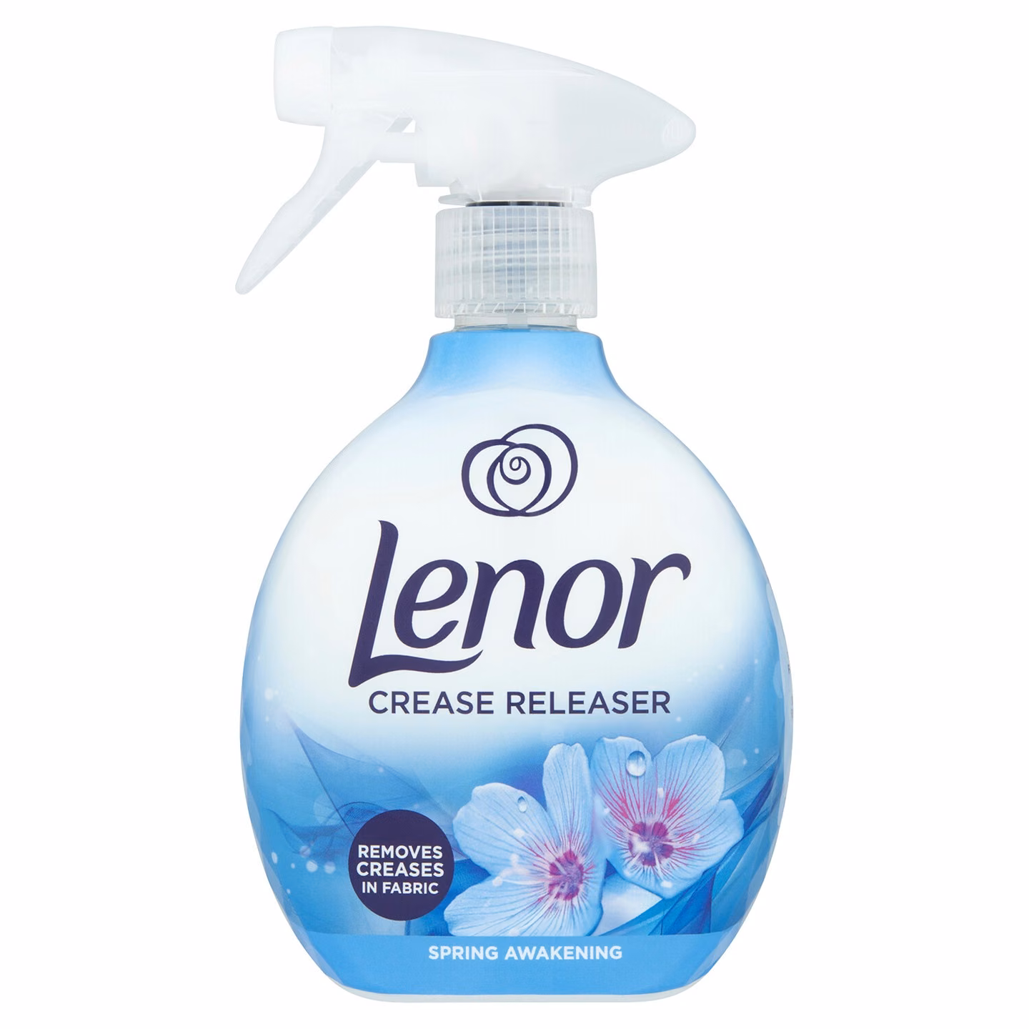 Żelazko w Sprayu Lenor Crease Releaser Spring Awakening 500 ml, niebieska butelka z atomizerem na białym tle