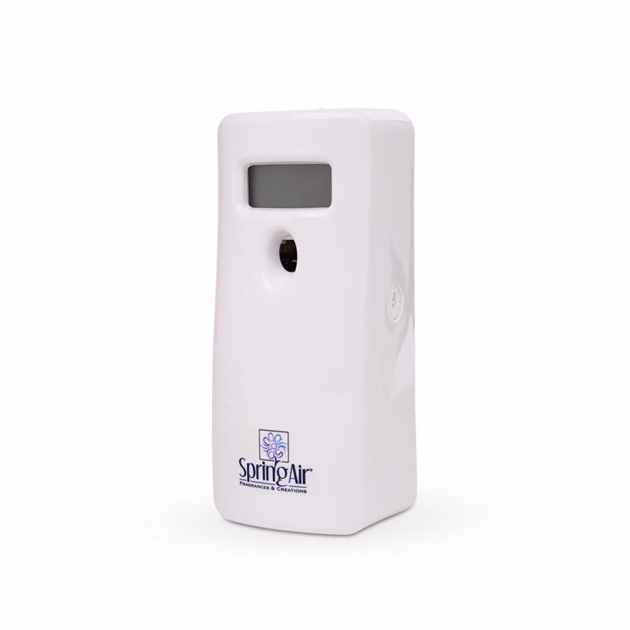 Dozownik do Odświeżaczy Powietrza Spring Air Smart Air Mini Biały, widok z przodu na cyfrowy wyświetlacz i dyszę