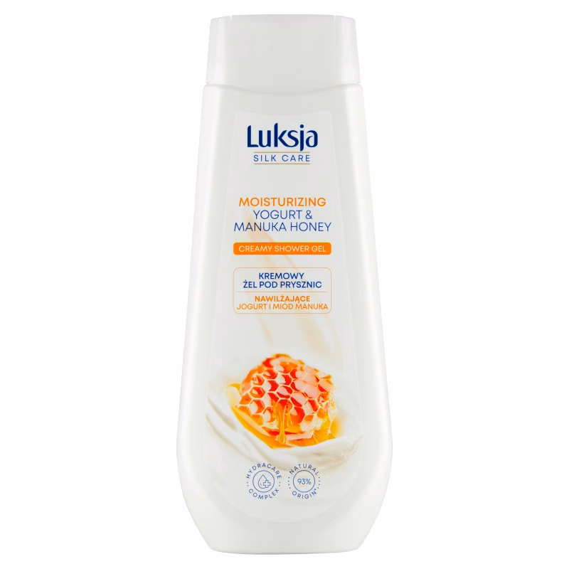 Żel pod prysznic Luksja Silk Care Jogurt i Miód Manuka 500 ml, biała butelka z grafiką plastra miodu w jogurcie